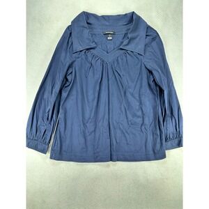 Ellen Tracy Womens Navy Blue V-Neck Blouse Size 12 Long Sleeve Cotton Stretch